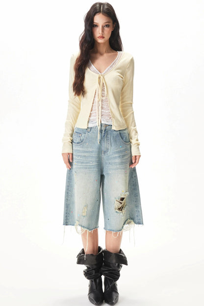 Fine Ribbed Knit Lace Blouse