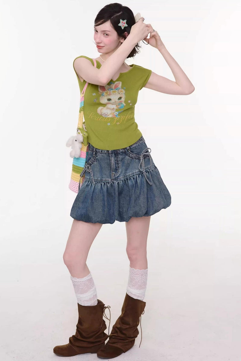 Green Rabbit Print V-neck Top