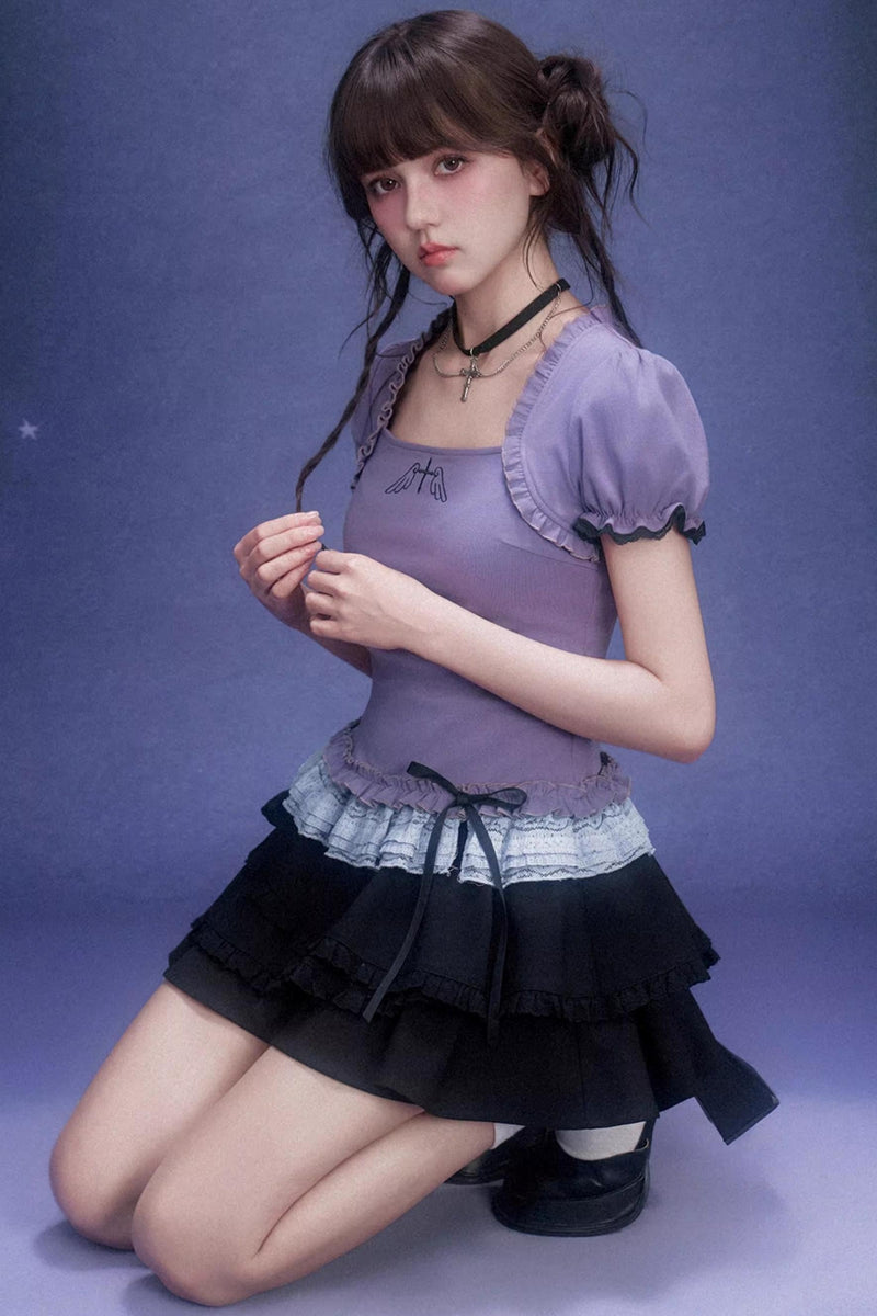 Purple Lace Puff Sleeve Top