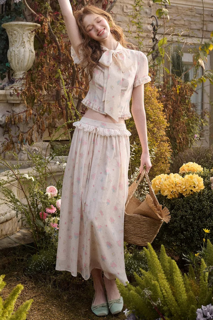 Mediterranean Print Chiffon Top + Skirt