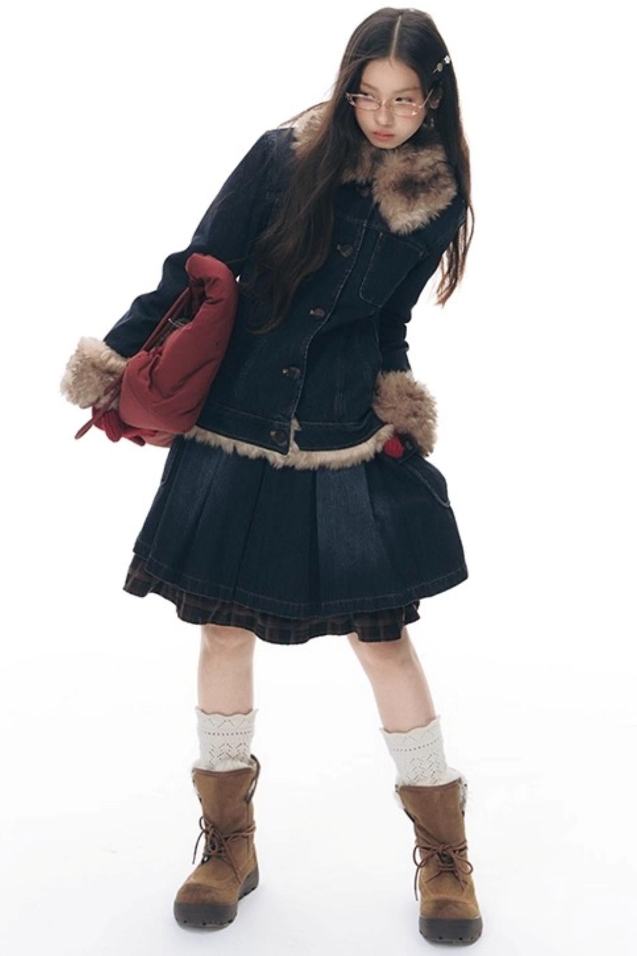 Fur Collar Denim Jacket + Skirt