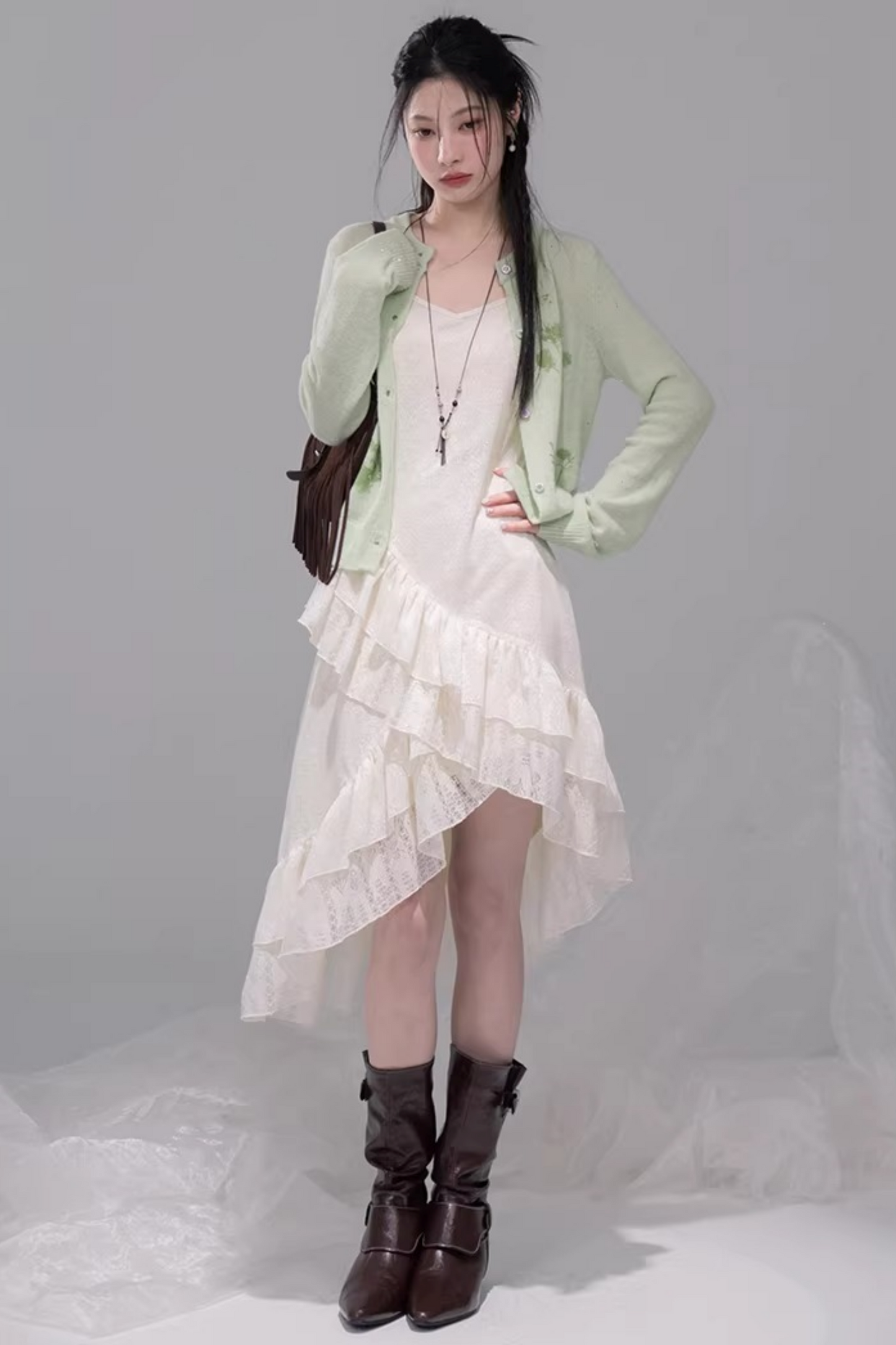 Asymmetrical Layered Ruffle Camisole Dress + Cardigan