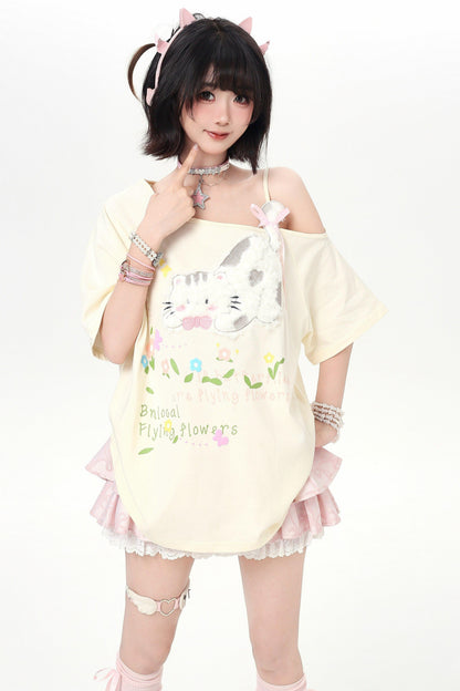 Sweet Cat Off-shoulder Strap Top