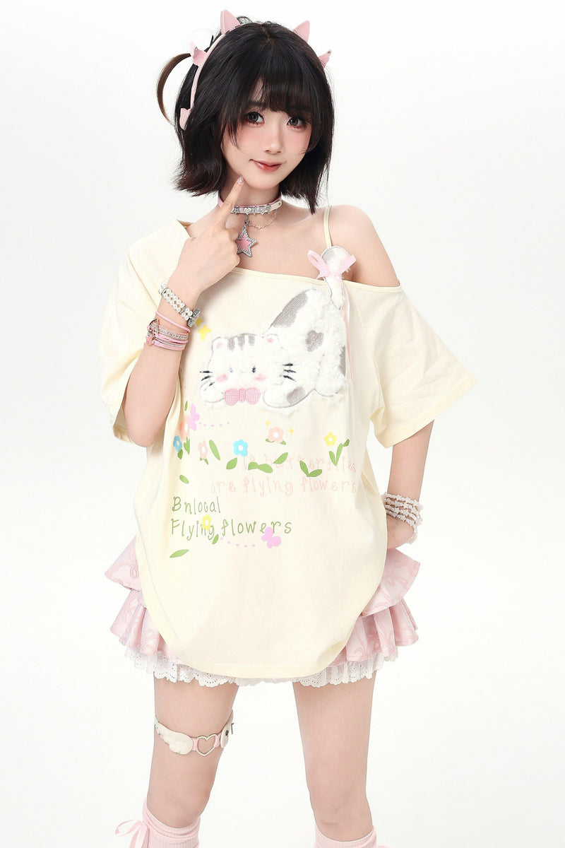 Sweet Cat Off-shoulder Strap Top