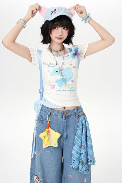 Off-shoulder Dolphin Summer Fake Two-piece Top