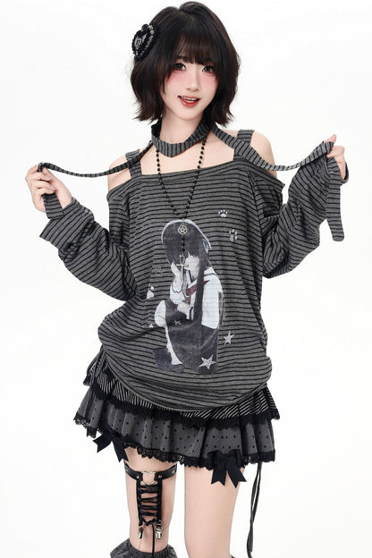 Stripe Off-shoulder Drawstring Loose Long T-shirt (with Stole)
