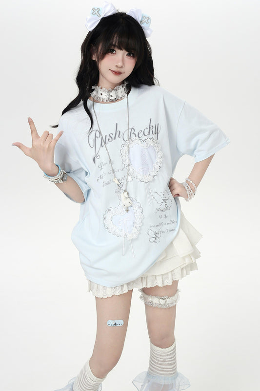 Korean Style Heart Lace Girly T-shirt
