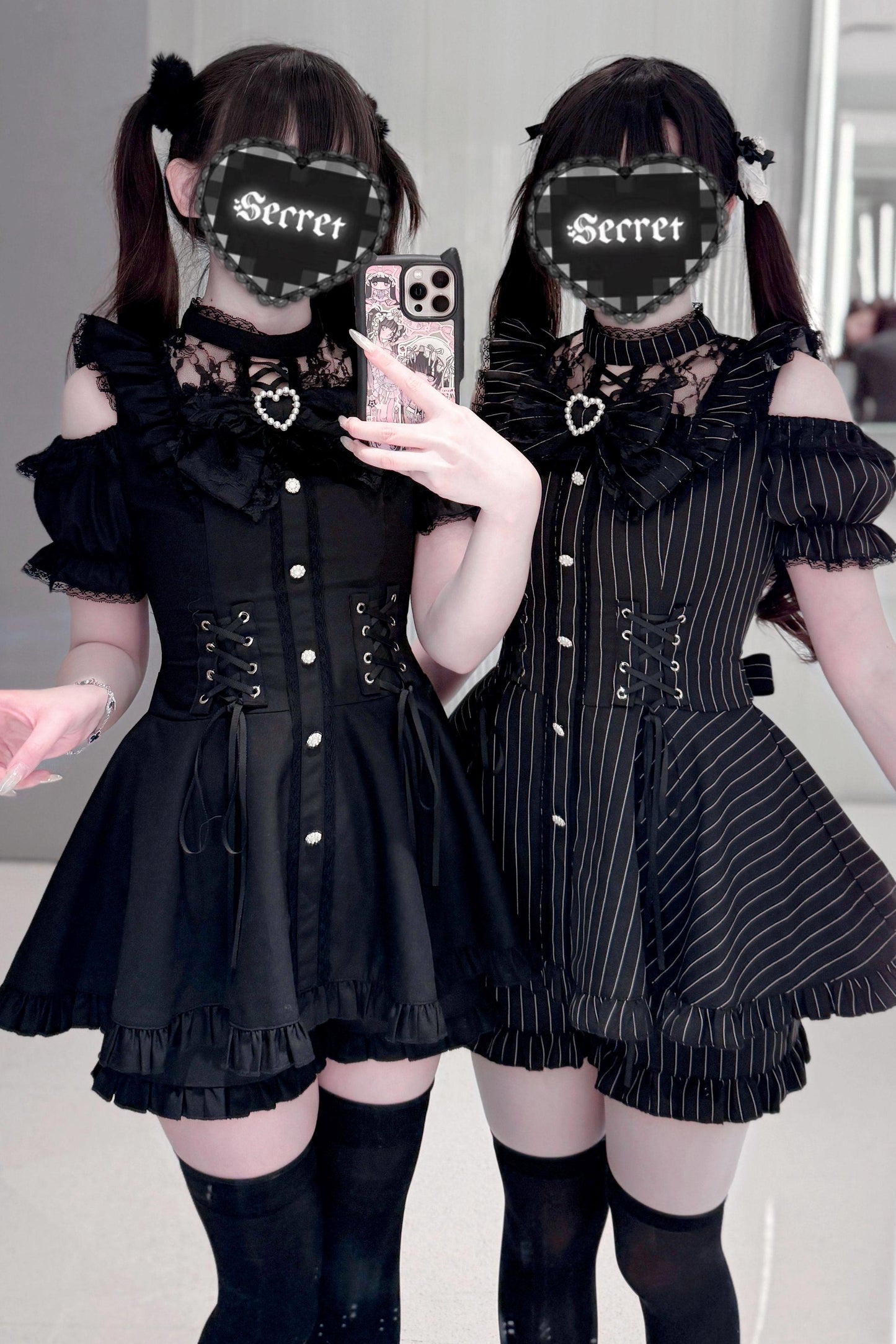 Black / Striped Gothic Lace Ribbon Dress Set