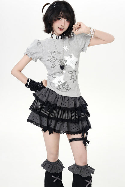 Starry Print Girly Puff Sleeve Top