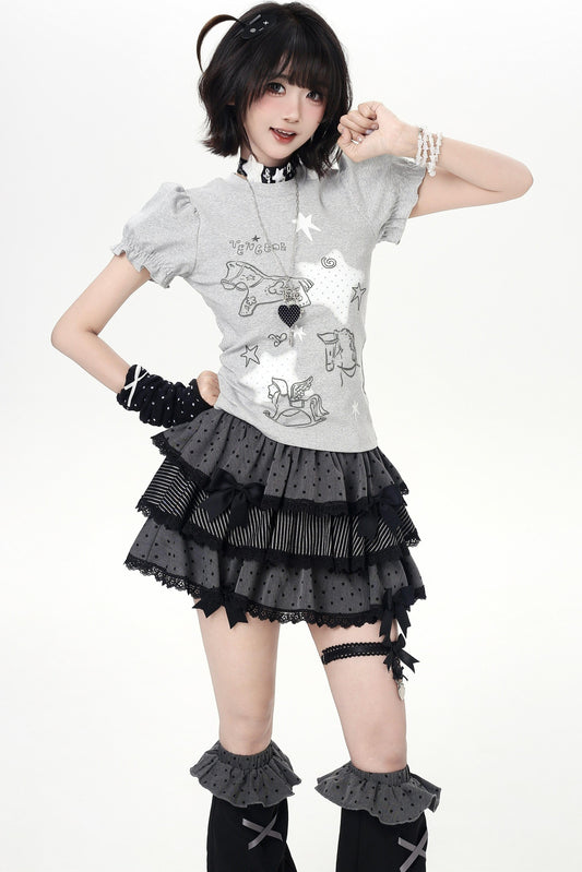 Starry Print Girly Puff Sleeve Top