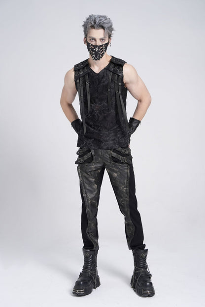 Black Sleeveless Eyelet Strap Distressed Gothic Vest
