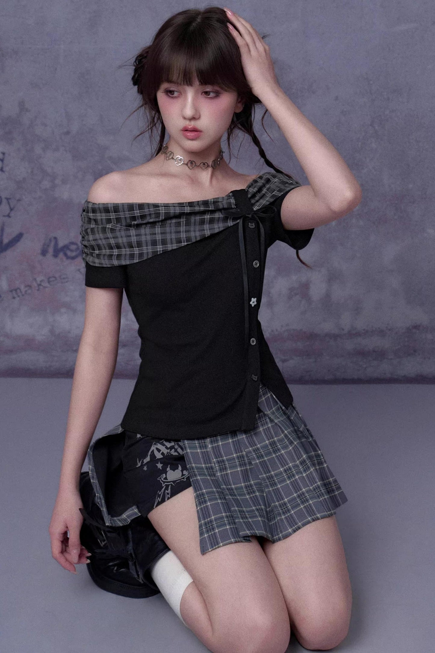 Plaid Graffiti Pleated Skirt + Top