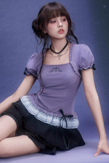 Purple Lace Puff Sleeve Top