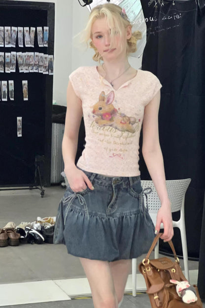 Pink Rabbit Print Slim Top