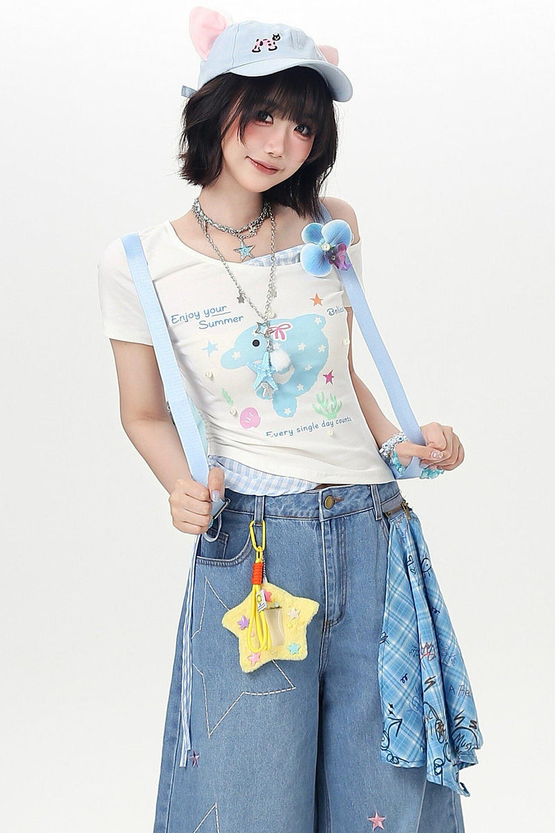 Off-shoulder Dolphin Summer Fake Two-piece Top