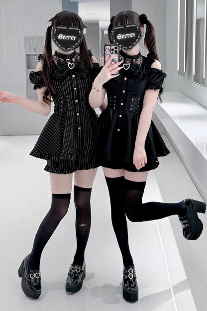Black / Striped Gothic Lace Ribbon Dress Set
