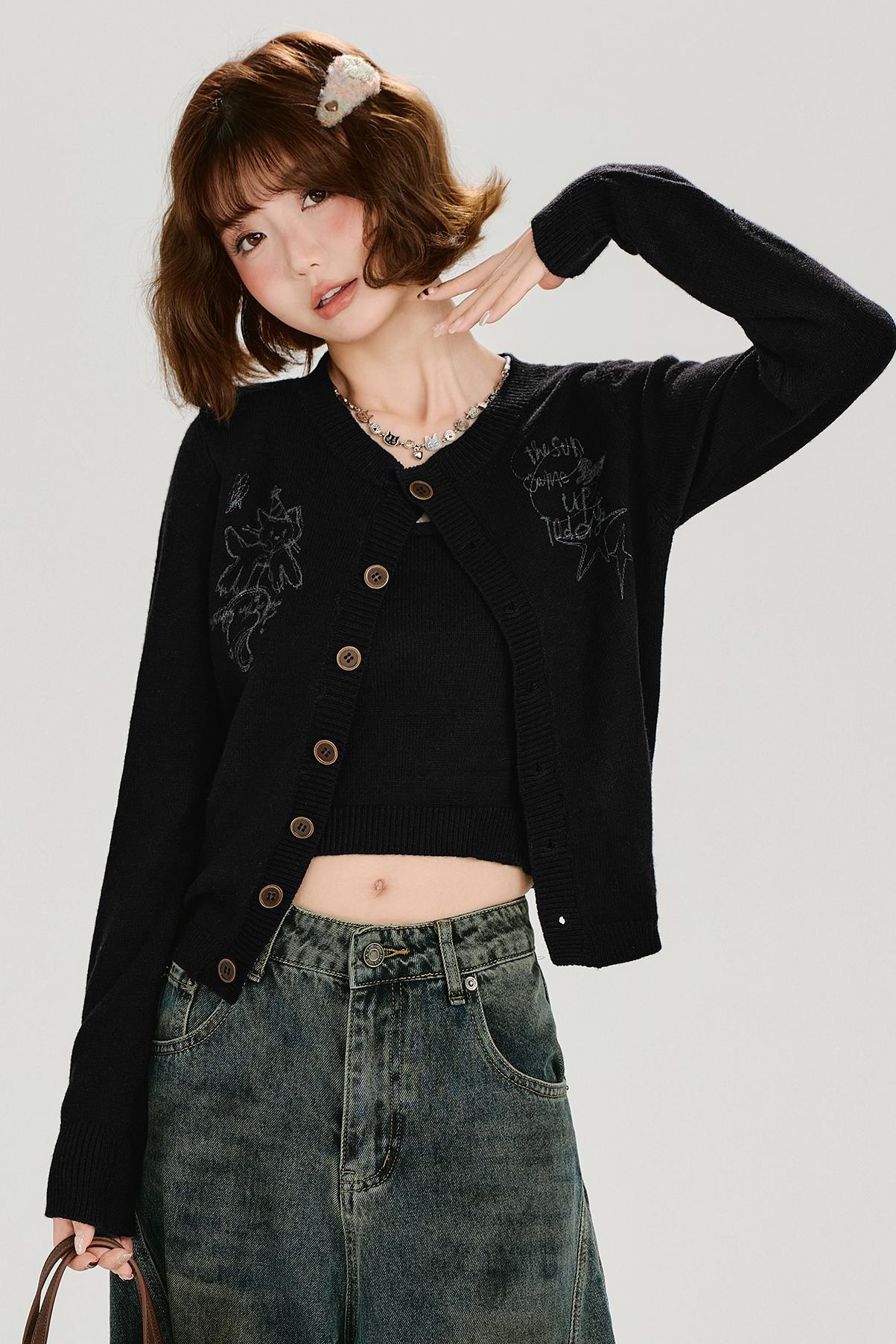 Retro Printed Knit Cardigan Set
