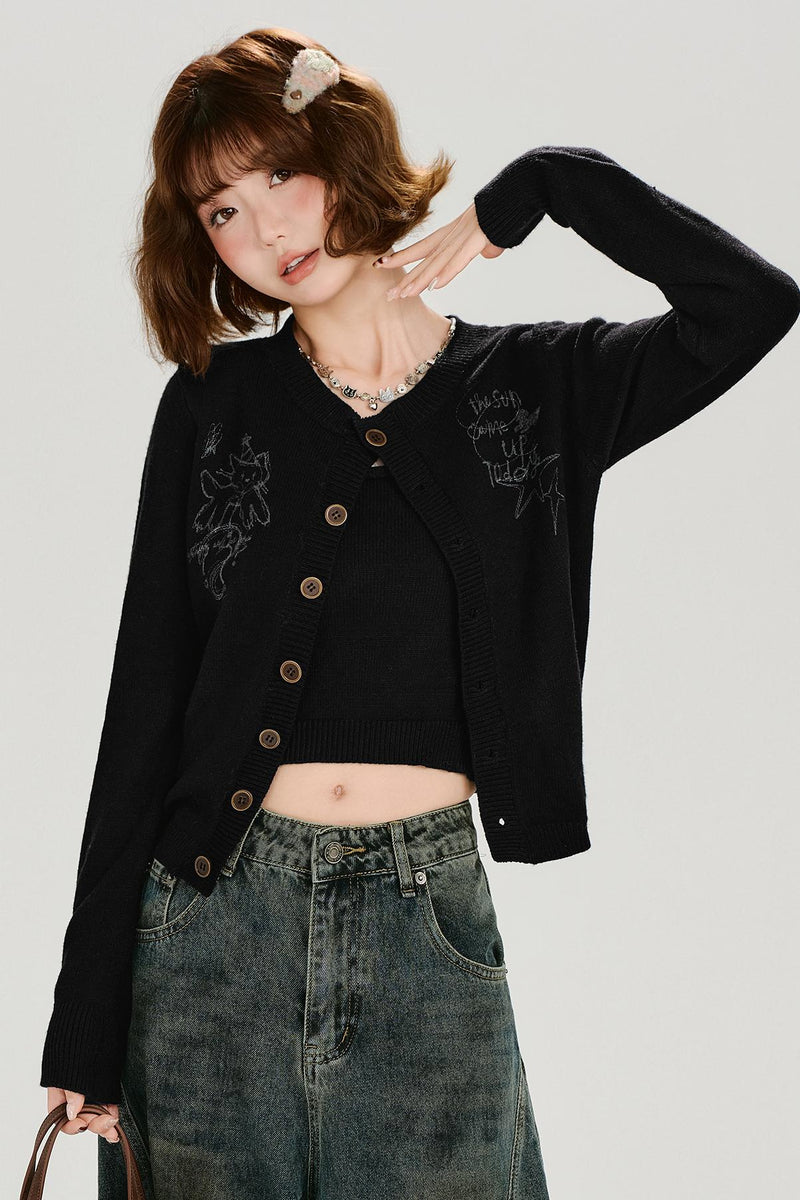 Retro Printed Knit Cardigan Set