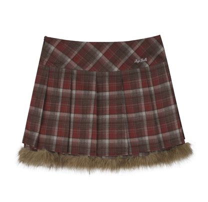 Plaid Fur Skirt + High Neck Tops + Duffle Fur Coat