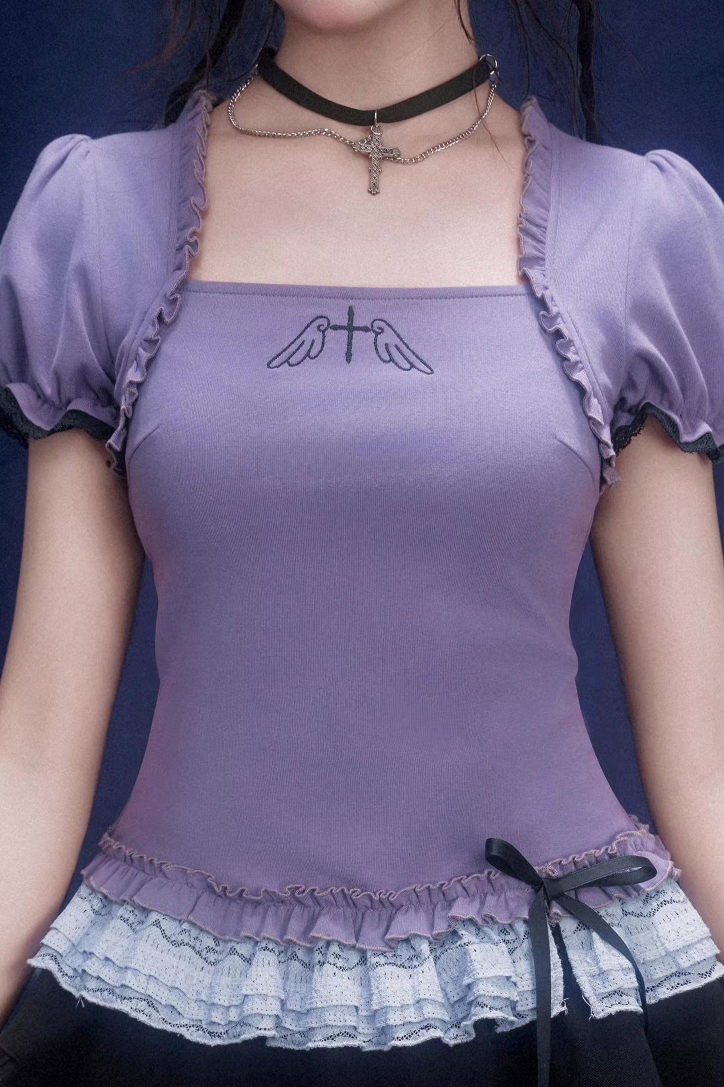 Purple Lace Puff Sleeve Top