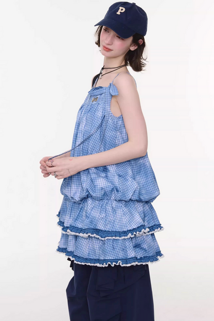 Tie-dye Blue Plaid Lace Dress