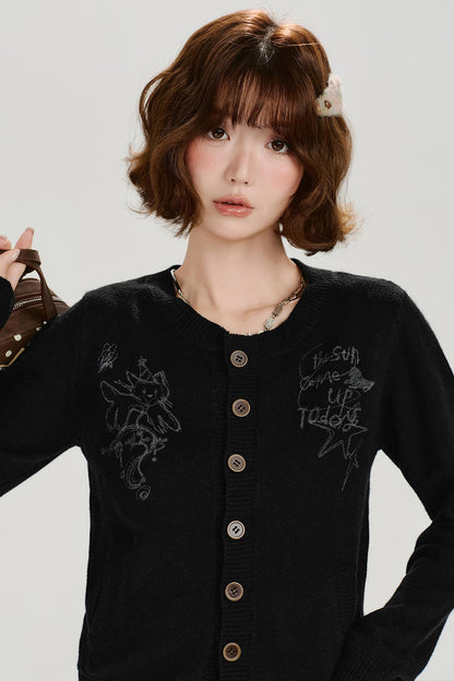 Retro Printed Knit Cardigan Set