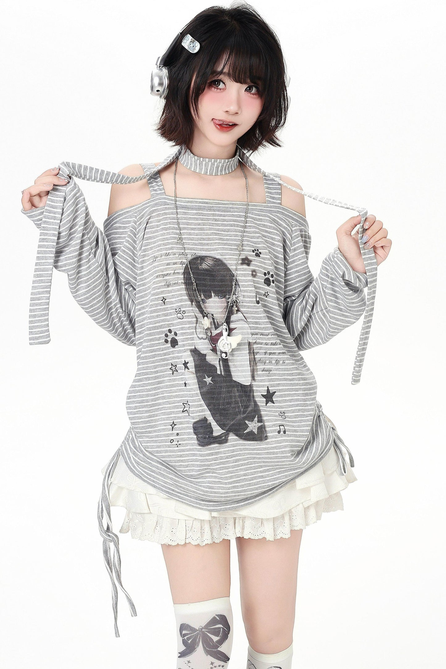 Stripe Off-shoulder Drawstring Loose Long T-shirt (with Stole)