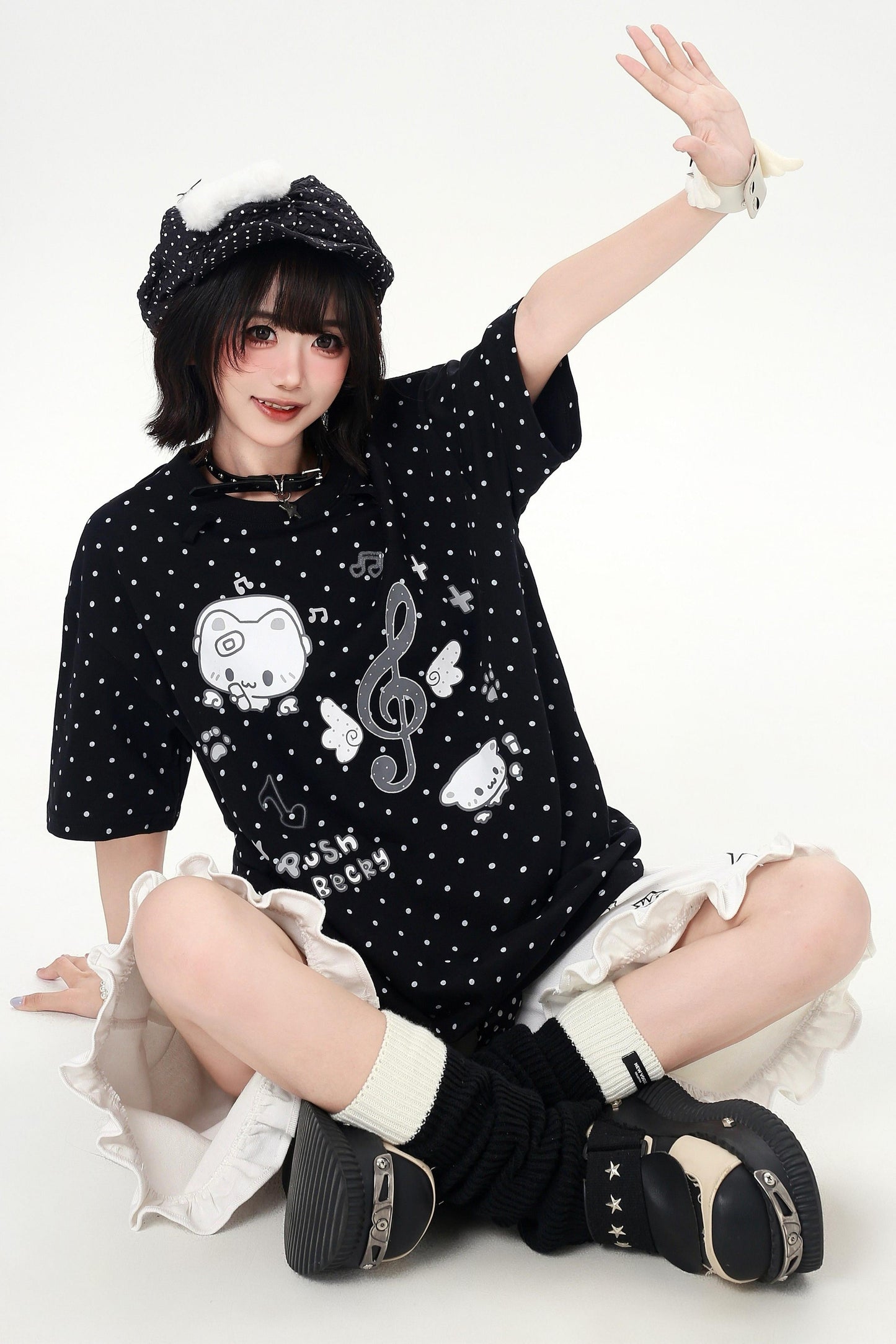 Cat Print Dot Tie Collar Loose T-shirt