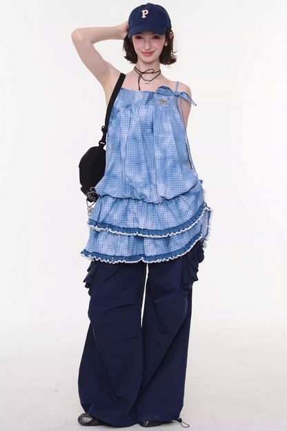 Tie-dye Blue Plaid Lace Dress