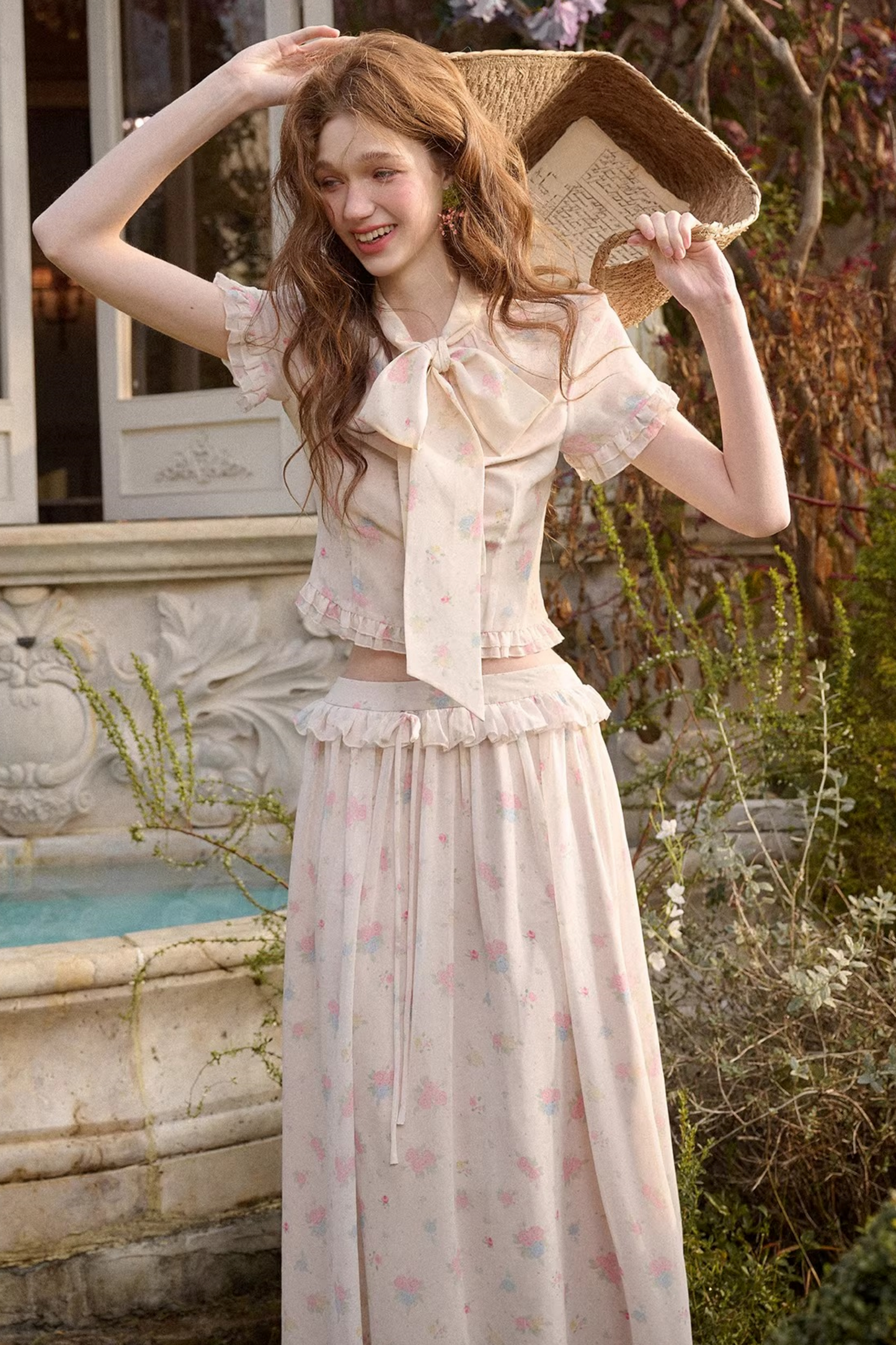 Mediterranean Print Chiffon Top + Skirt