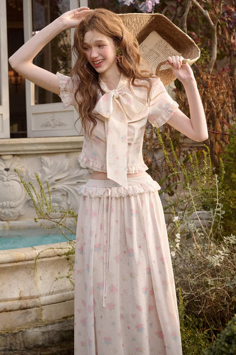 Mediterranean Print Chiffon Top + Skirt