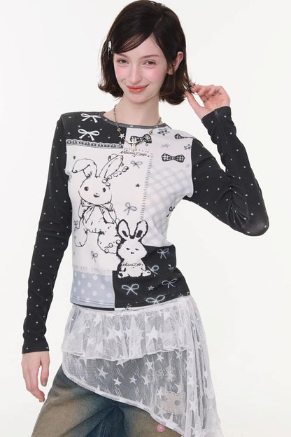 Rabbit Print Collage Contrast Top