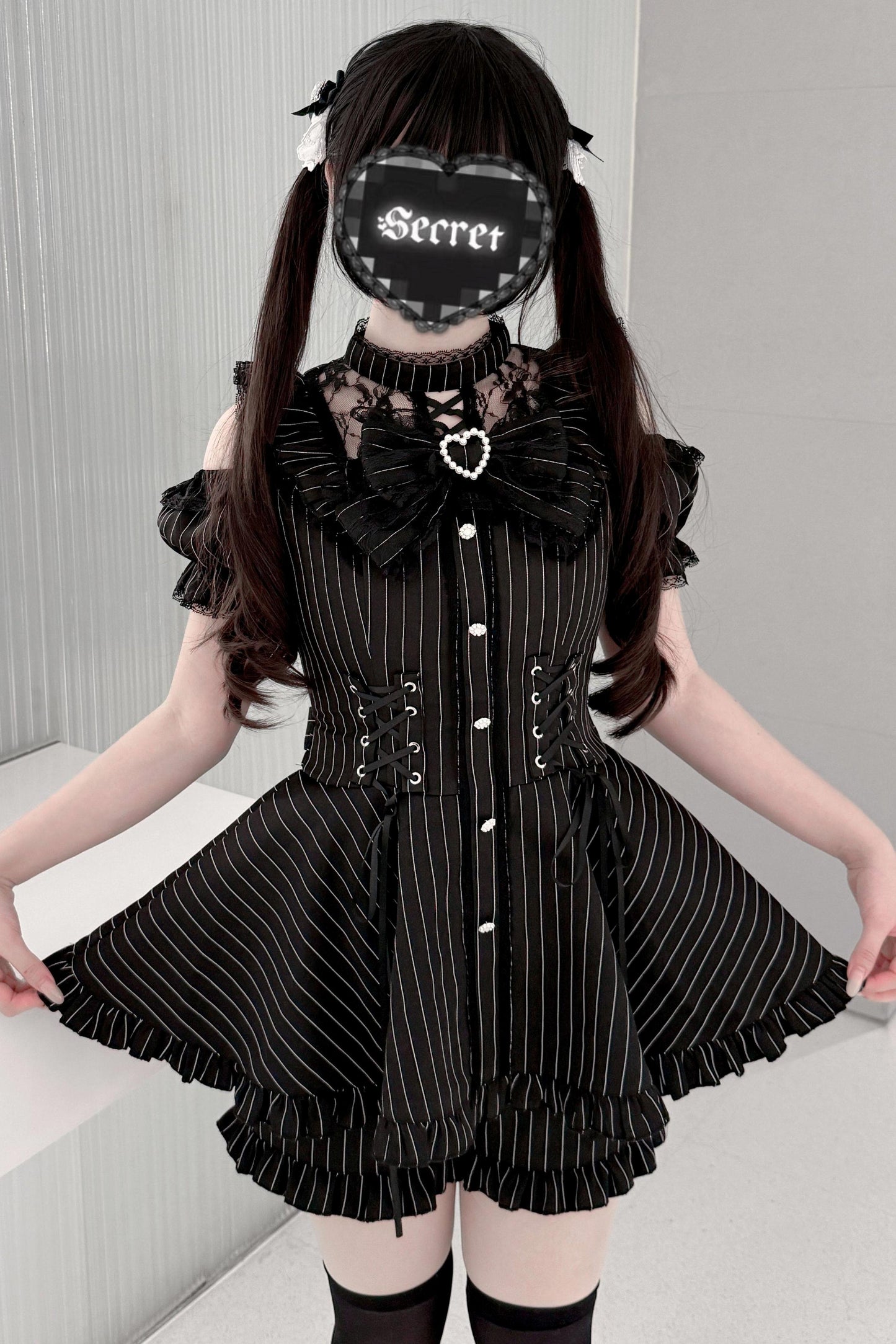 Black / Striped Gothic Lace Ribbon Dress Set
