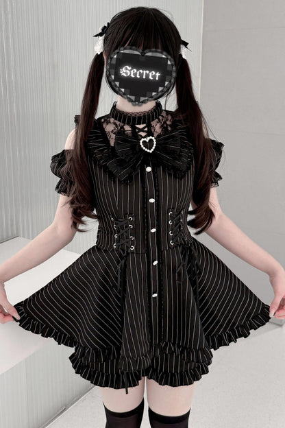Black / Striped Gothic Lace Ribbon Dress Set