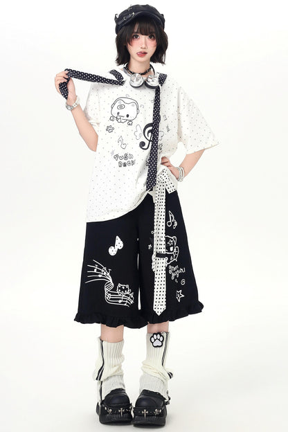 Cat Print Dot Tie Collar Loose T-shirt
