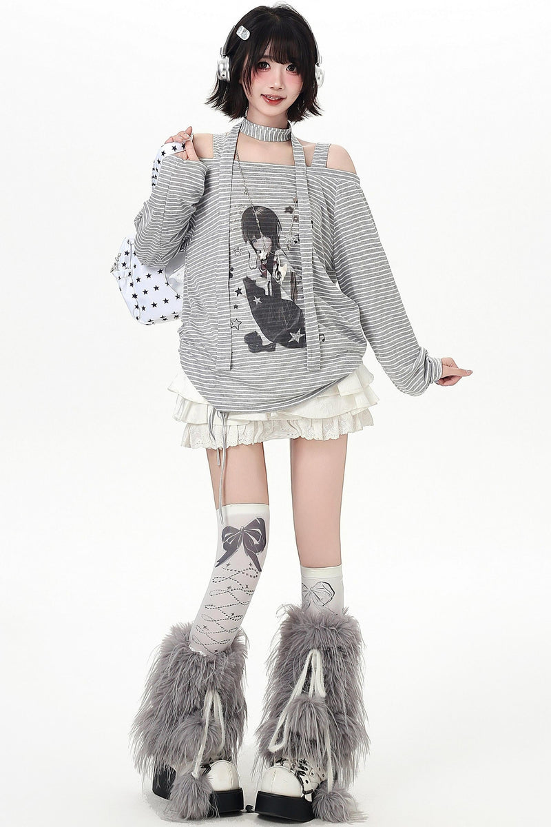 Stripe Off-shoulder Drawstring Loose Long T-shirt (with Stole)