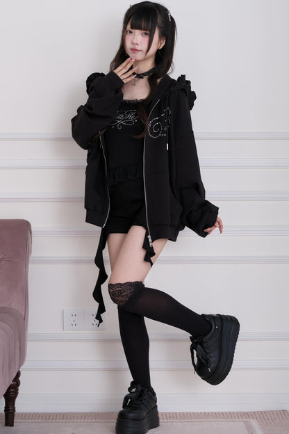 Lace Subculture Hooded Sweatshirt + Camisole + Shorts + Long Pants