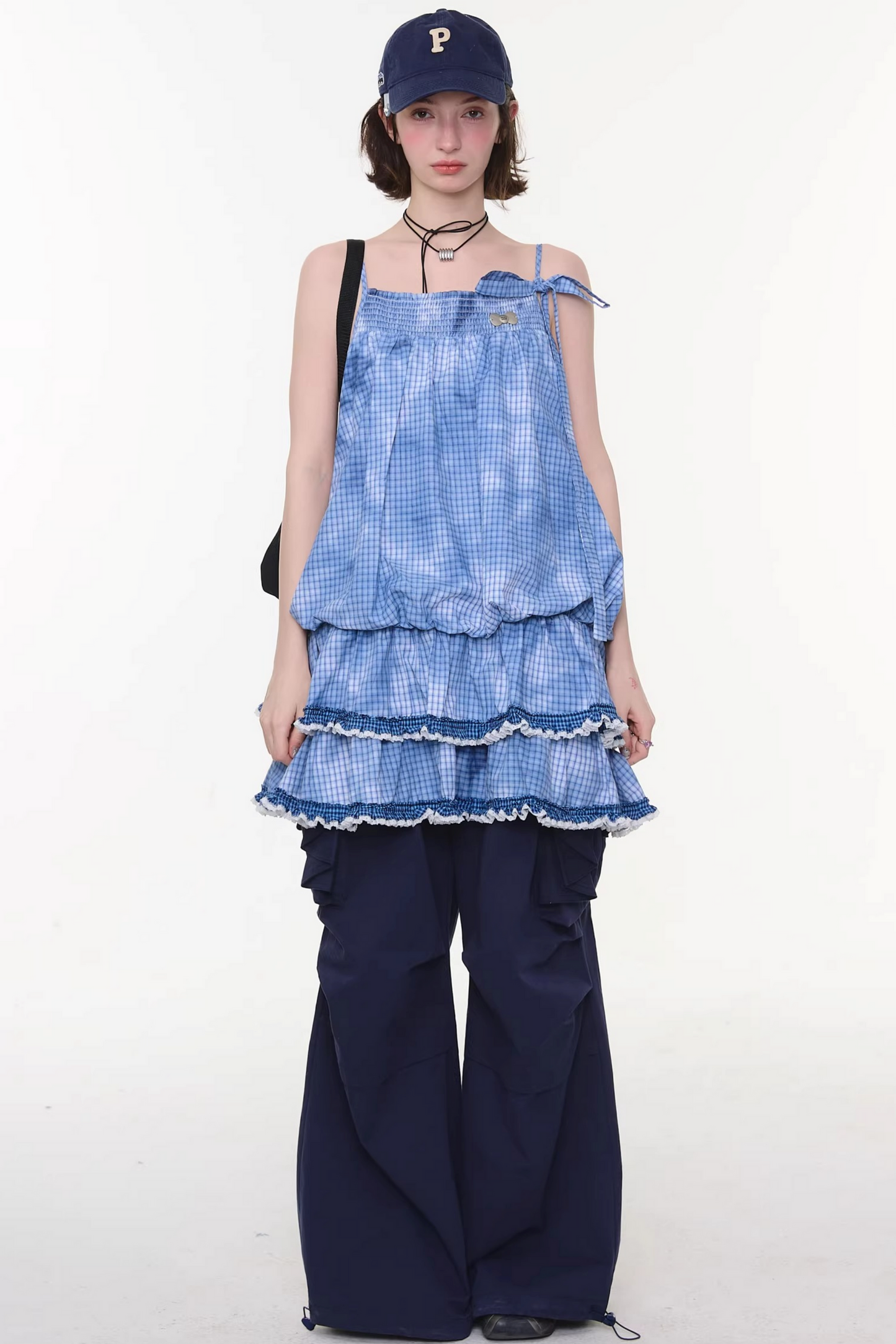 Tie-dye Blue Plaid Lace Dress