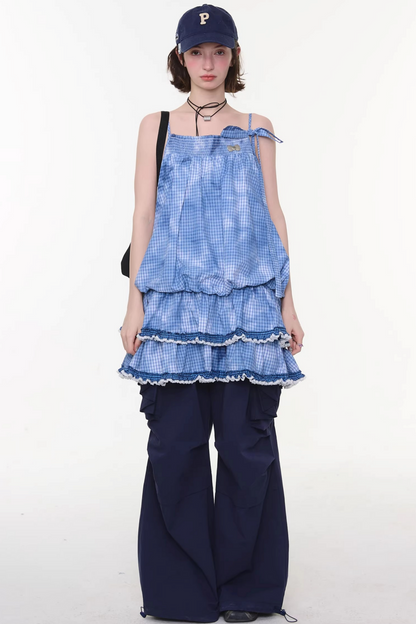 Tie-dye Blue Plaid Lace Dress