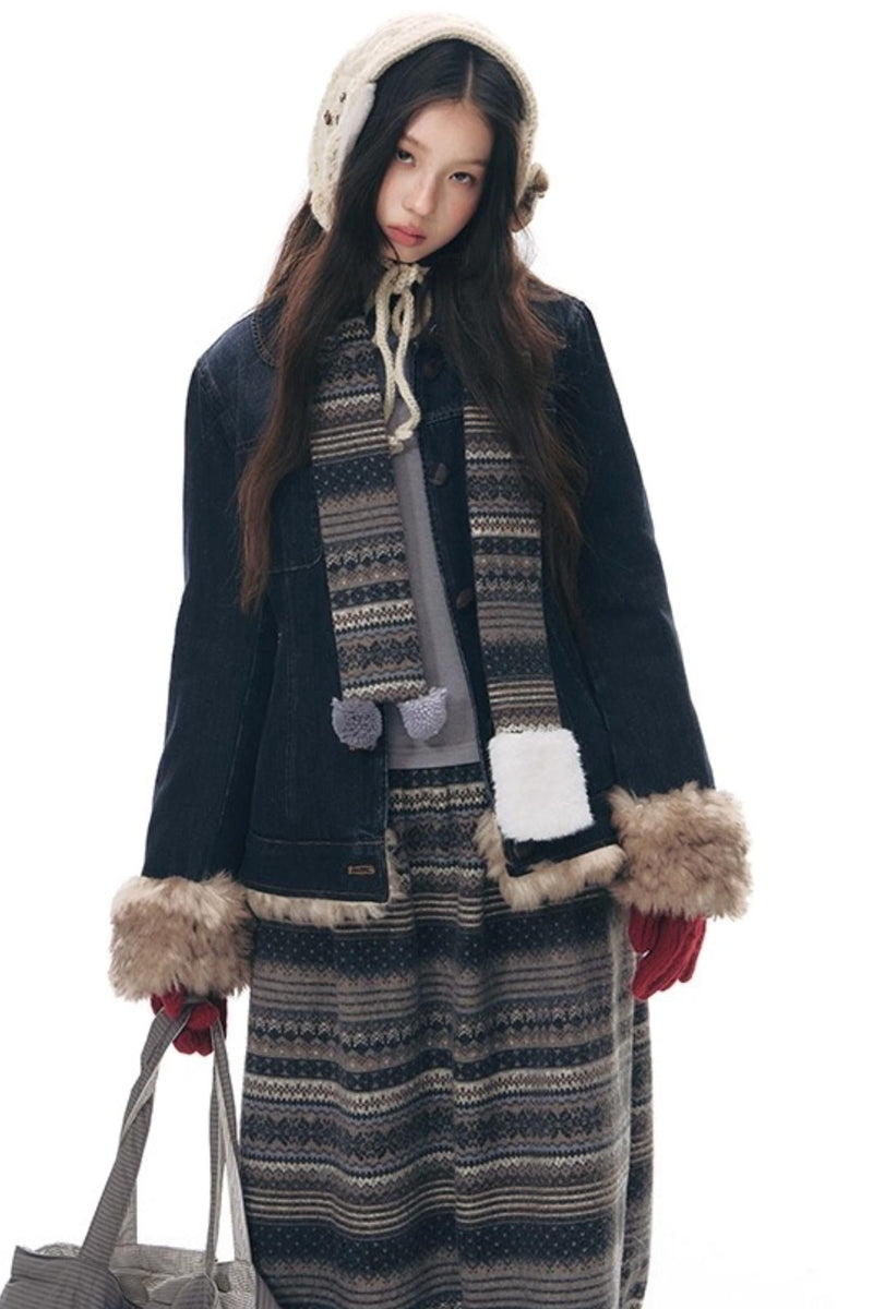 Fur Collar Denim Jacket + Skirt