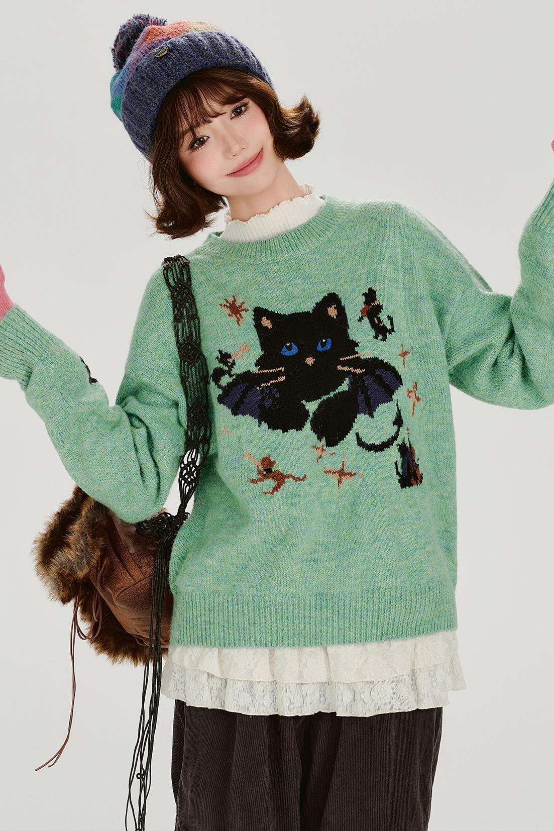 Cat Jacquard Retro Pullover Top
