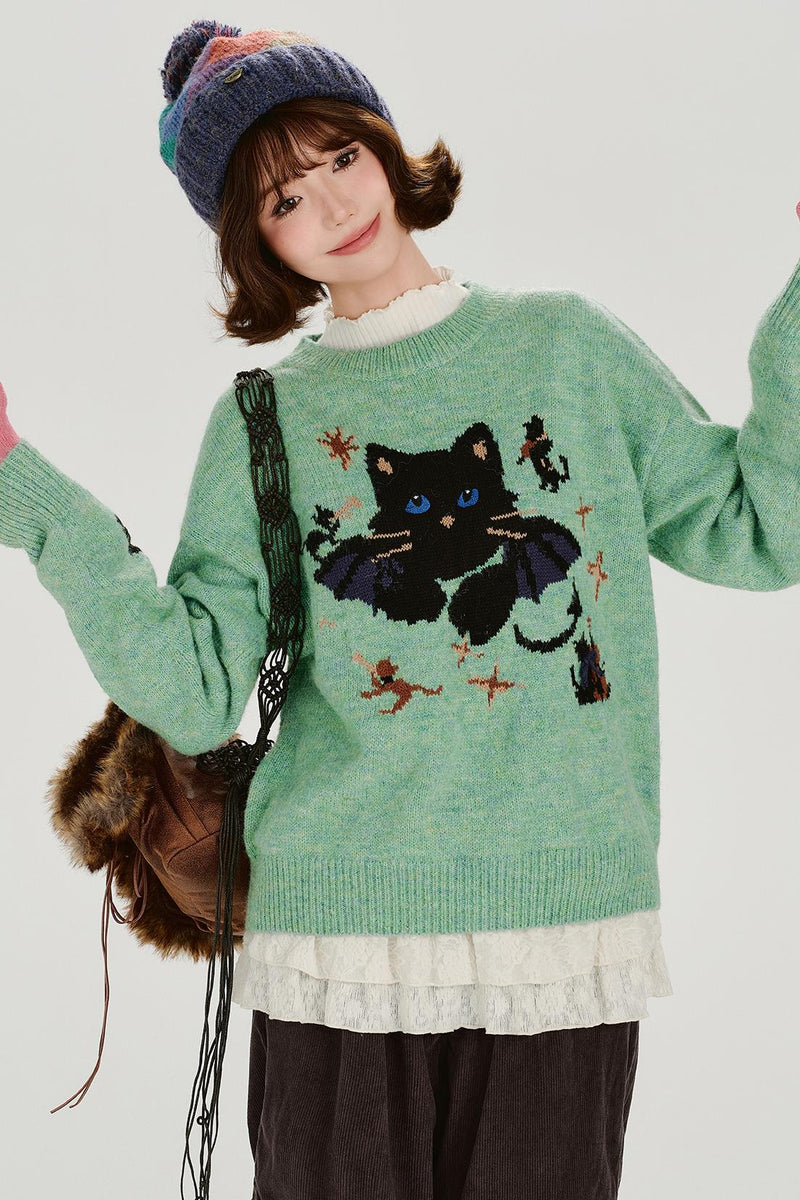 Cat Jacquard Retro Pullover Top