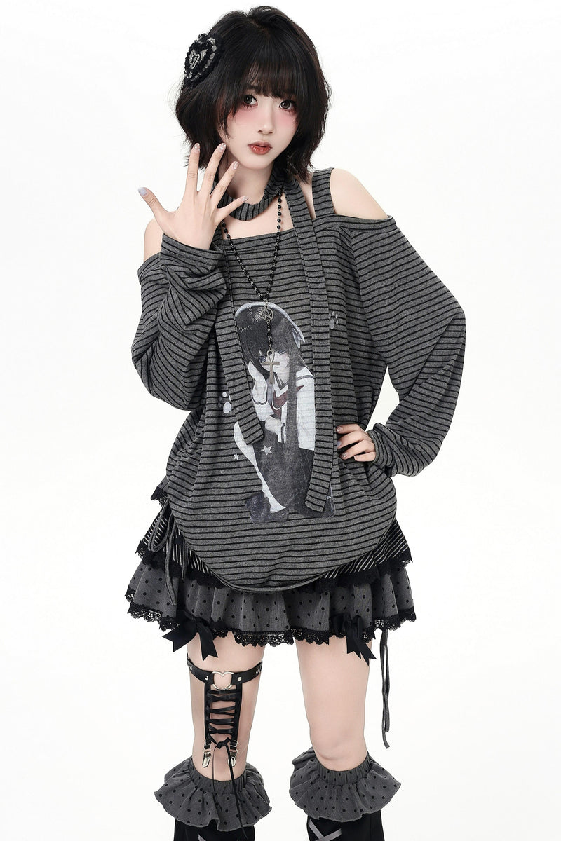 Stripe Off-shoulder Drawstring Loose Long T-shirt (with Stole)