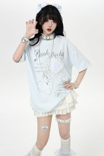 Korean Style Heart Lace Girly T-shirt