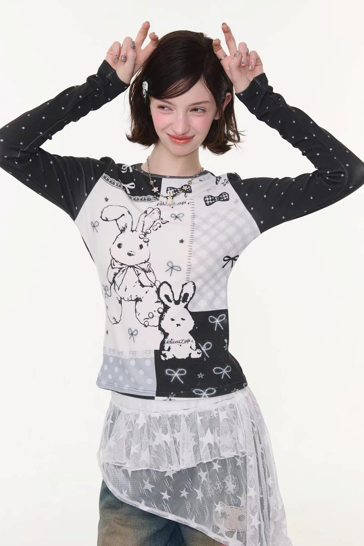 Rabbit Print Collage Contrast Top