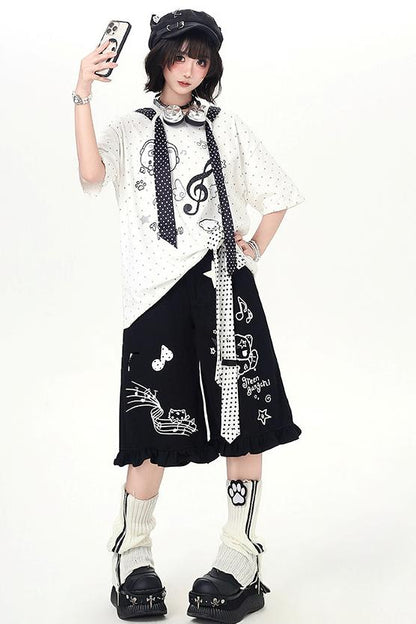 Cat Print Dot Tie Collar Loose T-shirt