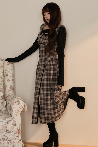 Black Top + Ribbon Shoulder Plaid Jsk Dress Set