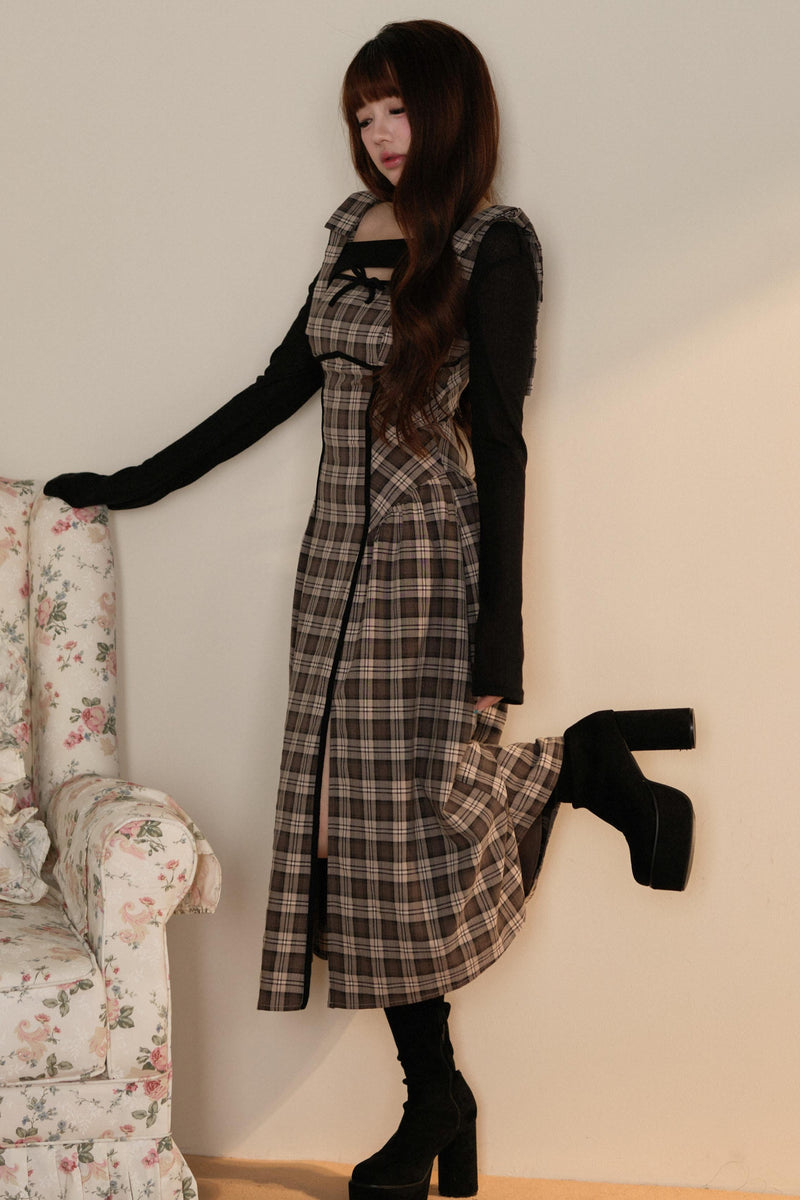 Black Top + Ribbon Shoulder Plaid Jsk Dress Set