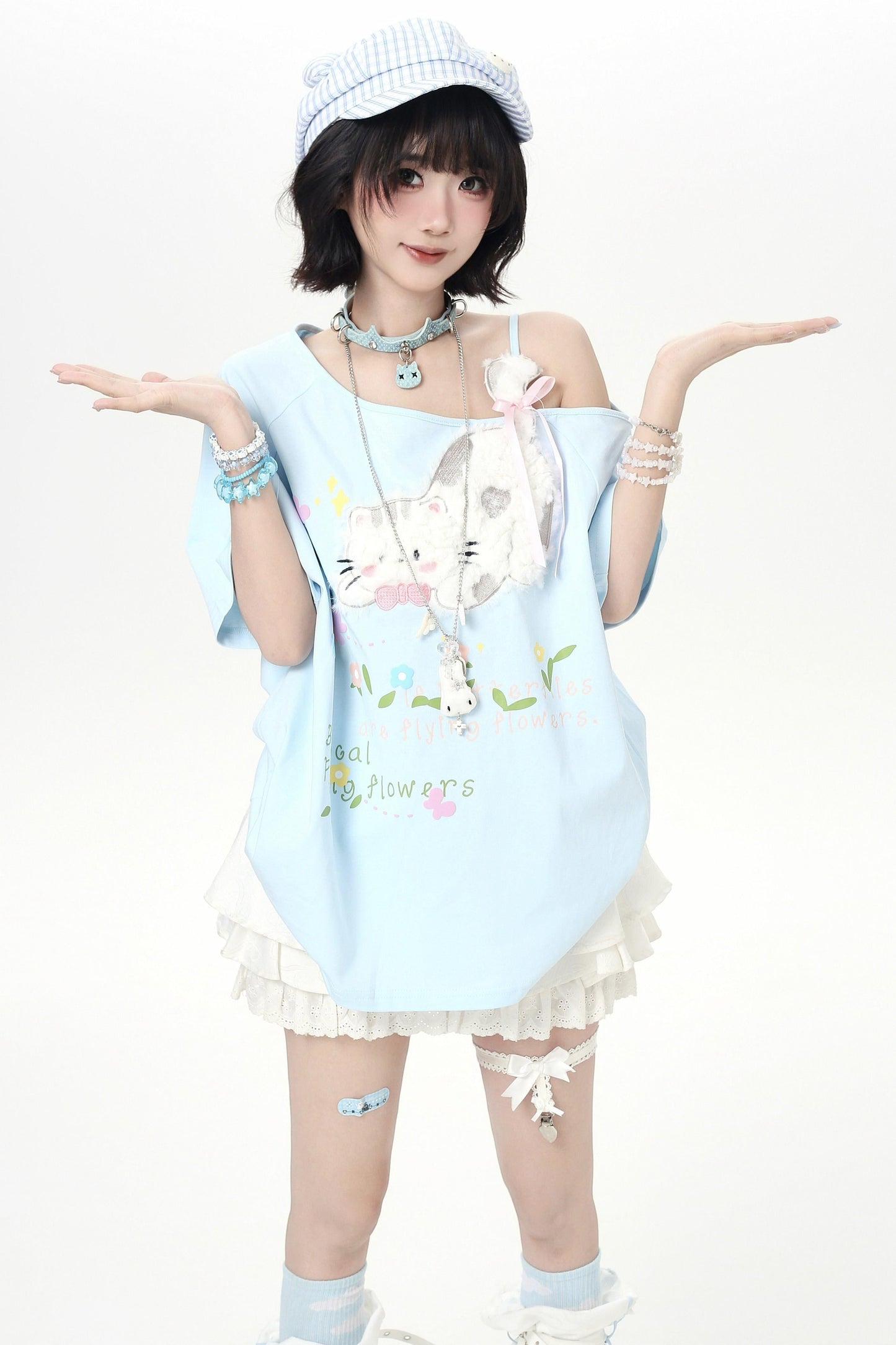 Sweet Cat Off-shoulder Strap Top