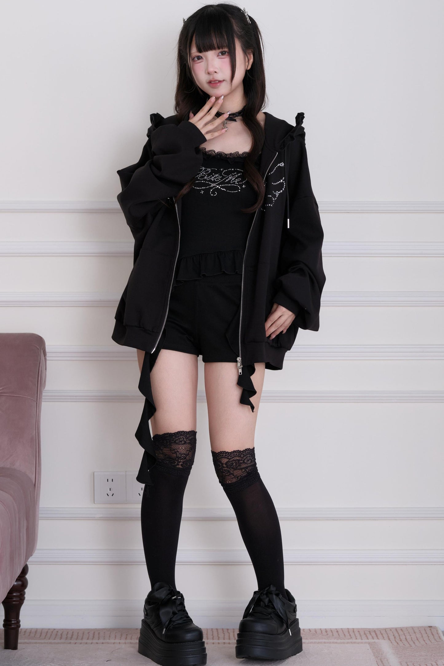 Lace Subculture Hooded Sweatshirt + Camisole + Shorts + Long Pants